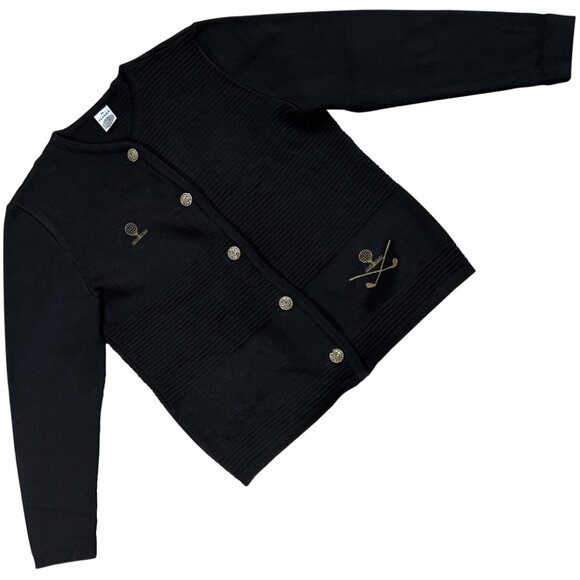 Pianka (Germany) Interlock Rib Knit Wool Embroidered Crew Neck Cardigan Black